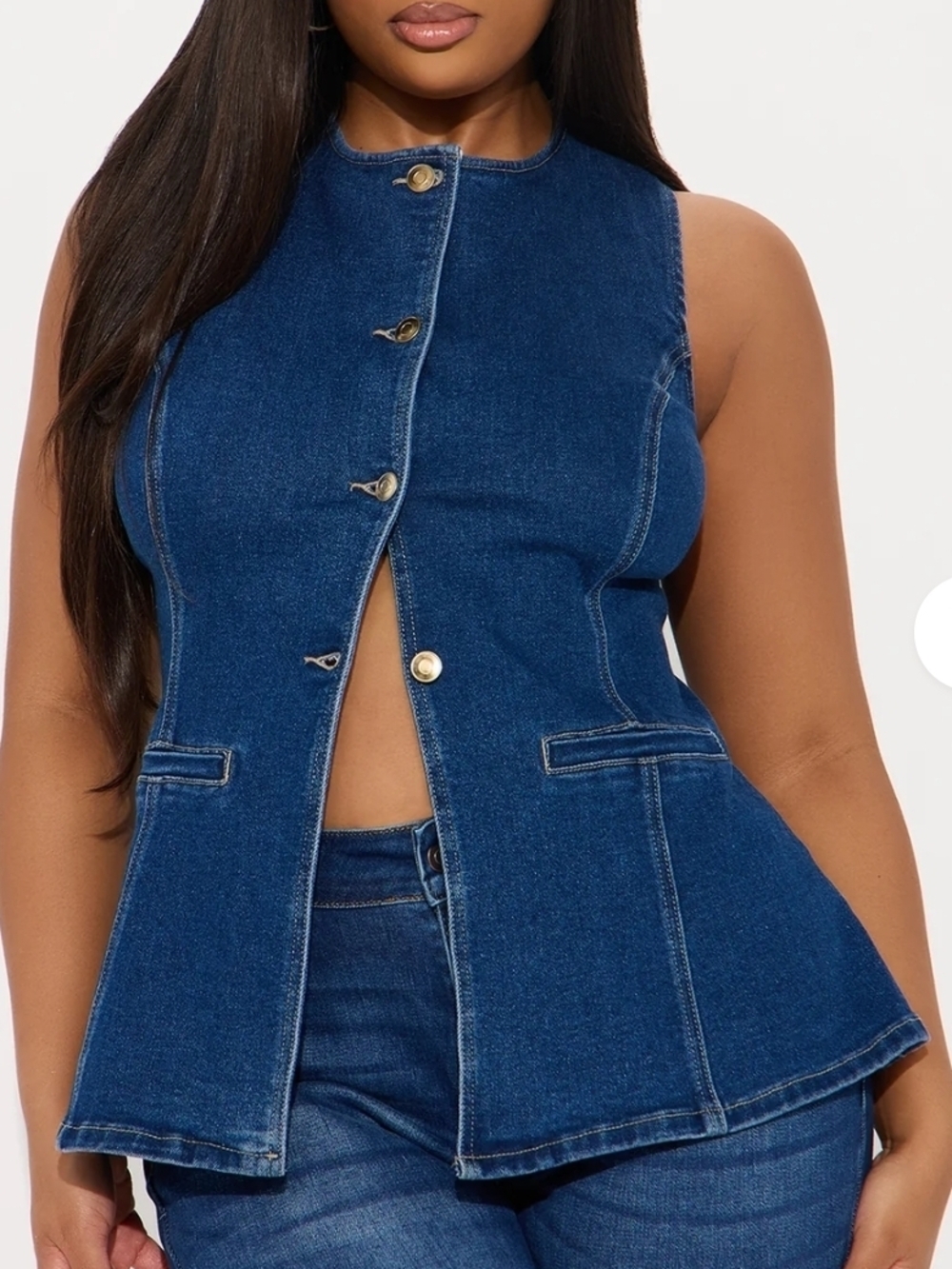 Fashion Nova Dark Blue Denim Button-Front Sleeveless Peplum Top